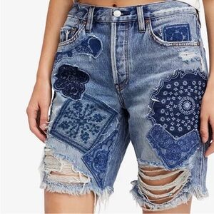 Free People Heart Breaker Jean Shorts Patched Embroidered Distressed Size 27